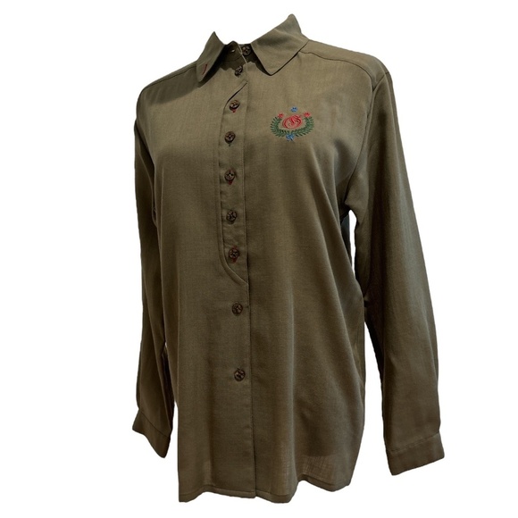 90s GEIGER COLLECTIONS LIGHTWEIGHT WOVEN WOOL OLIVE GREEN BLOUSE MADE IN AUSTRIA - Picture 1 of 11